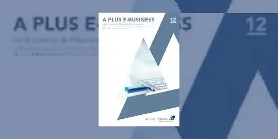 Page de couverture de la brochure commercial du FCPI A Plus E-Business avec en premier plan deux triangles emboîtés de couleur bleue