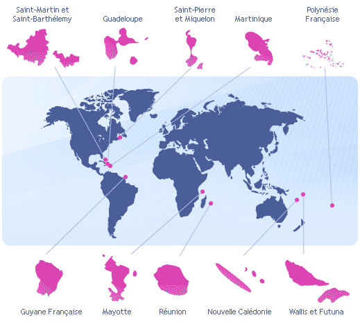 carte du monde et des départements d'outre mer pour illustrer les FIP Ultramarins 2023